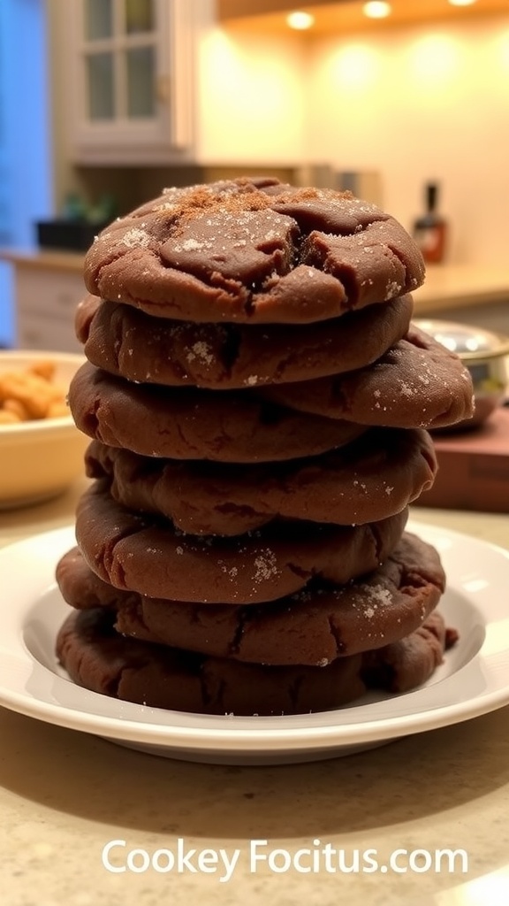 A stack of chewy molasses cookies on a plate, sprinkled with sugar, in a warm kitchen atmosphere.